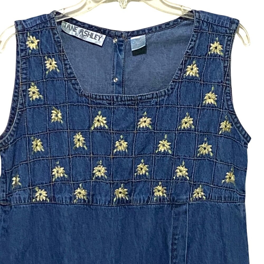 Jane Ashley‎ Petite Denim Jumper Maxi Dress PL Embroidered Y2K Faux Wrap Modest - Picture 2 of 6